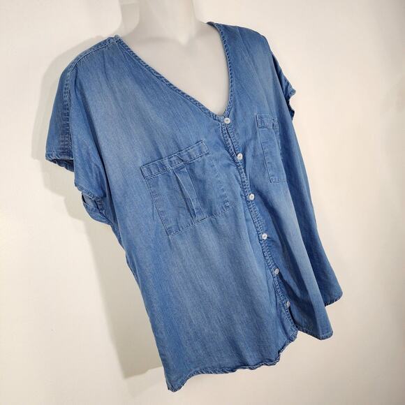 Maurices Top Womens Chambray Large Blue Button Front V Neck Pockets Short Sleeve - Picture 4 of 10